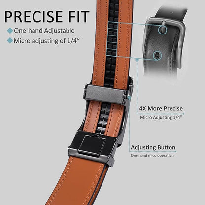 2 Pack Ratchet Belt 1 3/8", Mens leather Dress Belt in Gift Set Size 28"-62" Adjustable waist Trim to Fit