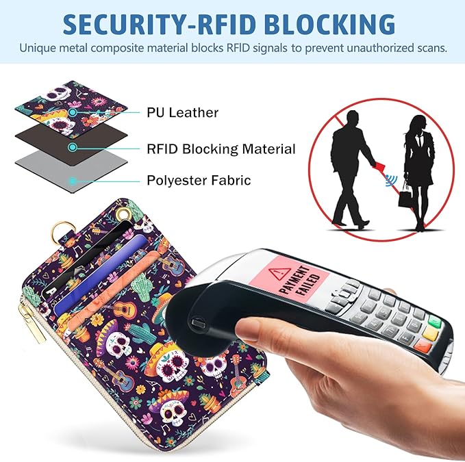 Day of The Dead Lanyard Wallet with ID Badge Holder, Skull Small RFID Wallet Women Keychain Wristlet, Slim Credit Card Holder with Zipper Pocket Phone Lanyard Wrist Strap Name Tag Office Teacher Gift