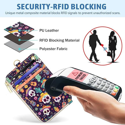 Day of The Dead Lanyard Wallet with ID Badge Holder, Skull Small RFID Wallet Women Keychain Wristlet, Slim Credit Card Holder with Zipper Pocket Phone Lanyard Wrist Strap Name Tag Office Teacher Gift