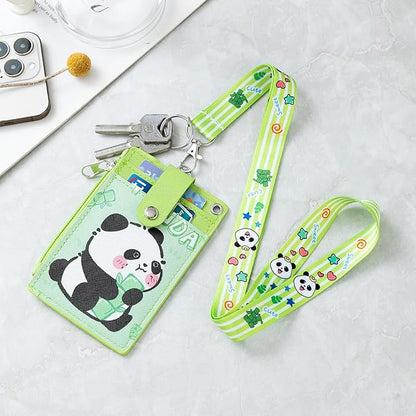 HASFINE ID Badge Holder with Lanyard,Cute Panda Work Badge with Zipper Pocket, 2-Sided Functional Card Wallet with 3 Card Slots and Detachable Keychain for Teacher Student Nurse Worker (Green)