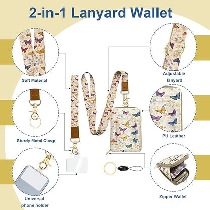 Colorful Butterflies Watercolour PU Leather ID Badge Holder with Lanyard with Keychain Phone Lanyard Wrist Strap, RFID Blocking, for Office School Business Women