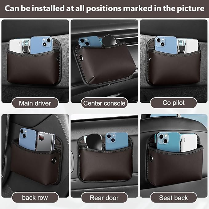 Car Seat Side Storage Pocket, Small Car Seat Organizers PU Leather Car Console Organizer Pocket Multifunctional Console Side Organizer Bag for Phone, Keys, Sunglass, Wallet (2Pack, Brown)