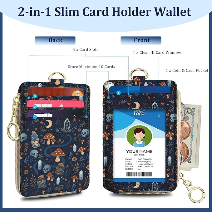 ID Badge Holder with Lanyards Wallet, Skull Mushroom Snake ID Badges with Zipper, RFID Card Holder for Women, Detachable Neck Lanyard Wrist Strap with Keychain for Teacher Student Gifts