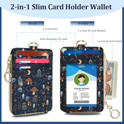 ID Badge Holder with Lanyards Wallet, Skull Mushroom Snake ID Badges with Zipper, RFID Card Holder for Women, Detachable Neck Lanyard Wrist Strap with Keychain for Teacher Student Gifts