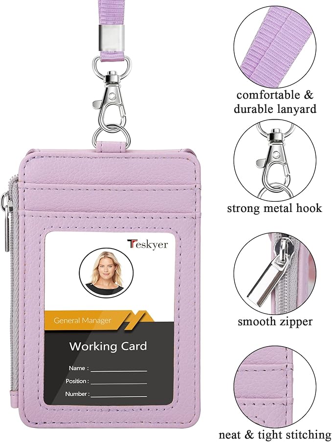 Teskyer Badge Holder with Side Zip Pocket, Multiple Card Slots Leather ID Holder Wallet with Neck Lanyard for Office Staffs, Teachers/Students, Workers, Cruise Cards, Bus/Metro Cards, Lichee Lilac