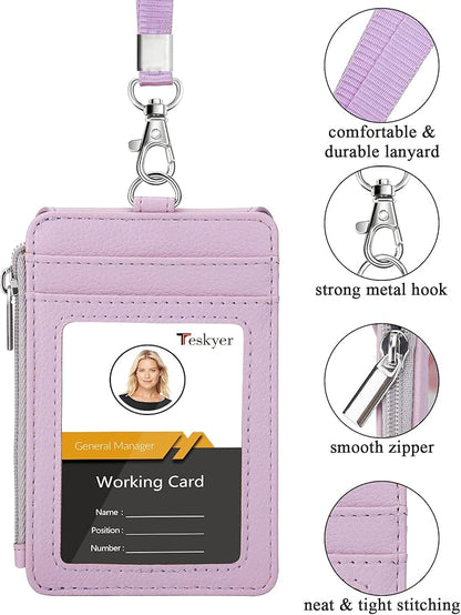 Teskyer Badge Holder with Side Zip Pocket, Multiple Card Slots Leather ID Holder Wallet with Neck Lanyard for Office Staffs, Teachers/Students, Workers, Cruise Cards, Bus/Metro Cards, Lichee Lilac