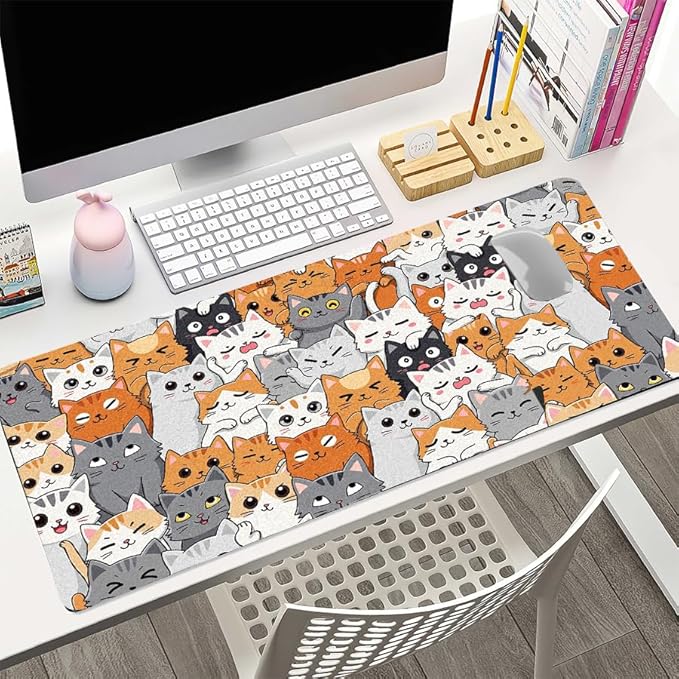 Positively Adorable Cat Desk Mat - （27.56 * 13.78in） Desk Pad, Large Non-Slip PU Leather Pad for Aesthetic Home Office & Gaming,A Gift for Cat Lovers