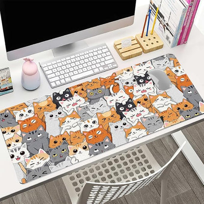 Positively Adorable Cat Desk Mat - （27.56 * 13.78in） Desk Pad, Large Non-Slip PU Leather Pad for Aesthetic Home Office & Gaming,A Gift for Cat Lovers