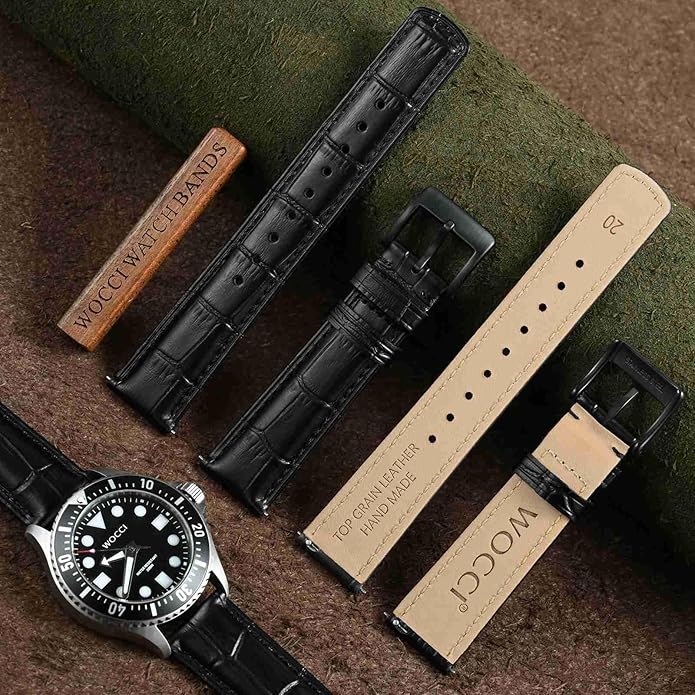 WOCCI Watch Bands, Top Grain Leather, Embossed Alligator Grain, Quick Release, Band Width 18mm 20mm 22mm