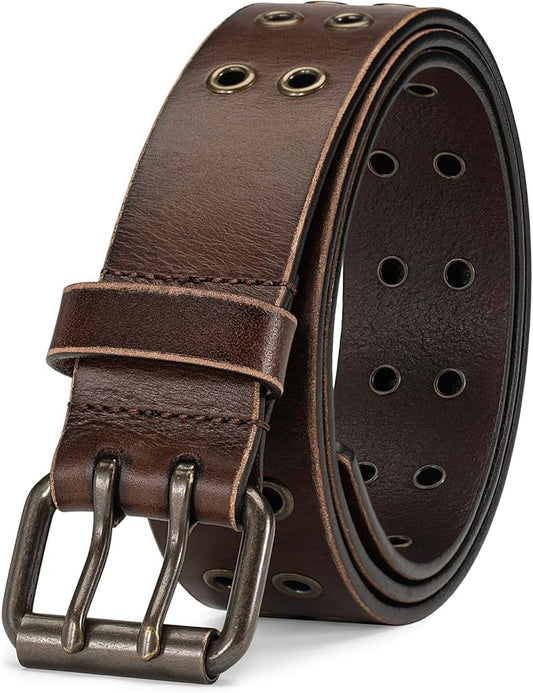 1.5" Double Hole Full Grain Leather Belt - Vintage Distressed Casual Belt for Men Women with Double Prong Buckle