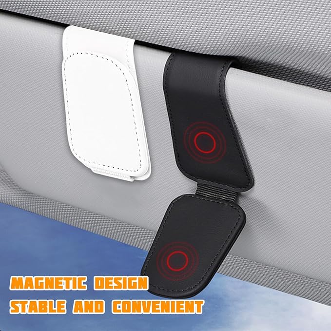Sunglasses Holder for Car Visor, Microfiber Leather Magnetic Sun Visor Eyeglasses Hanger & Ticket Card Clip, Multi-Function Automotive Interior Glasses Mount, Universal Fit (White)