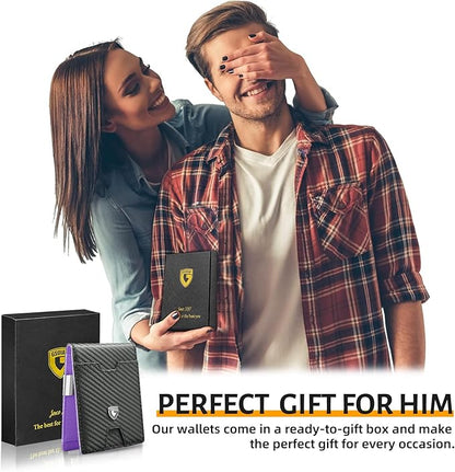GSOIAX Men's Slim RFID Blocking Leather Wallet with Money Clip | Minimalist Carbon Fiber Bifold Credit Card Holder | 11 Card Slots | Gift Box Included(Carbon Purple)