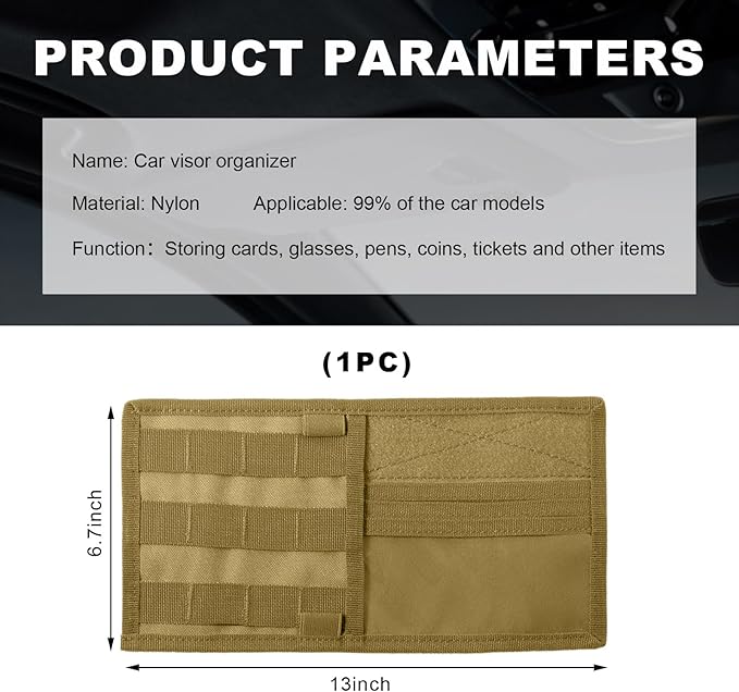 povtii Car Sun Visor Organizer, Tactical Nylon Vehicle Visor Panel Storage Holder Pouch Bag, Molle Multifunctional Sunshade Pocket for Pen Card Sunglasses, Car Accessories (Khaki)