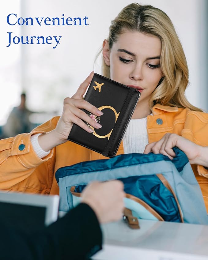 Slohif Initial Passport Holder Cover Wallet Case for Travel Women - Leather Letter Passport Book Family Multiple Personalized Organizer Card Slots Protector Sleeve Essentials Slim Carrier Black C