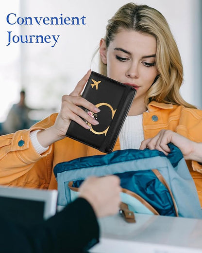 Slohif Initial Passport Holder Cover Wallet Case for Travel Women - Leather Letter Passport Book Family Multiple Personalized Organizer Card Slots Protector Sleeve Essentials Slim Carrier Black C