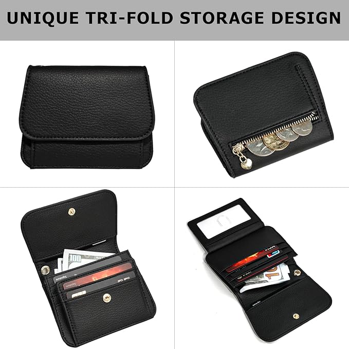 Women Small Wallet RFID Blocking Slim Wallet with Coin Pocket Tri-Fold Credit Card Holder with ID Window and Keychain (Black)