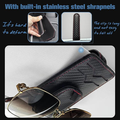 Car Sunglasses Holder - Visor Clip Style & Magnetic Plush Leather Construction Doubles as Credit Card & Fuel Card Box with Storage Pocket &Holds Sunglasses