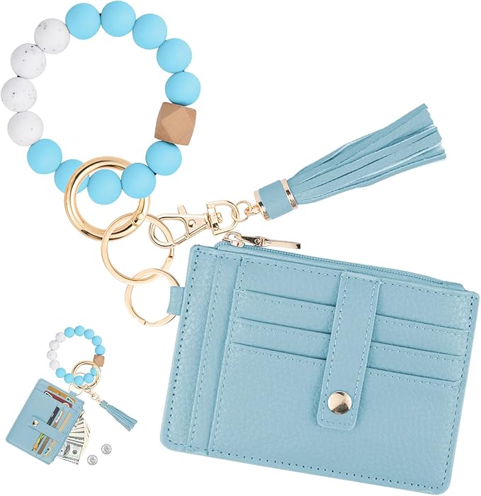 KNGITRYI Wallet Keychain Wristlet for Women,Slim RFID Credit Card Holder Purse Tassel Keychain Bangle Key Ring for Men Women
