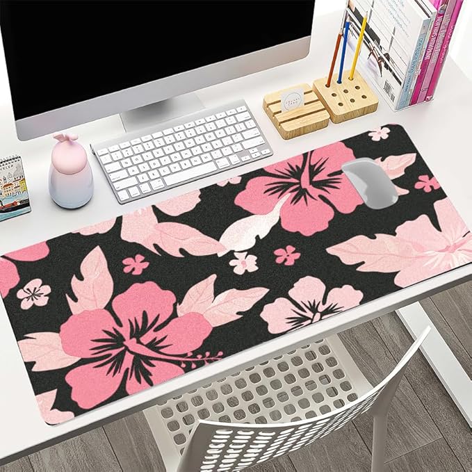 Hibiscus Flowers Desk Mat for Women, Large Waterproof PU Leather Desk Pad with Non-Slip Base, Artistic Office Keyboard Cover for Gaming & Home Work, Tropical Desk Decor (31.5 * 15.75in)