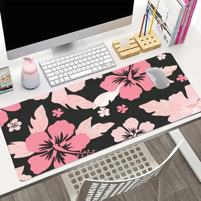 Hibiscus Flowers Desk Mat for Women, Large Waterproof PU Leather Desk Pad with Non-Slip Base, Artistic Office Keyboard Cover for Gaming & Home Work, Tropical Desk Decor (23.6x11.8 Inch)