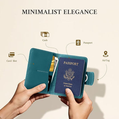 ALLIVE Rfid Passport Holder for Travel Women & Men, Passport Cover Wallet with AirTag Hidden, Genuine Leather Passport Holder Essential for Business Travel, Airport Security (Lake Blue)