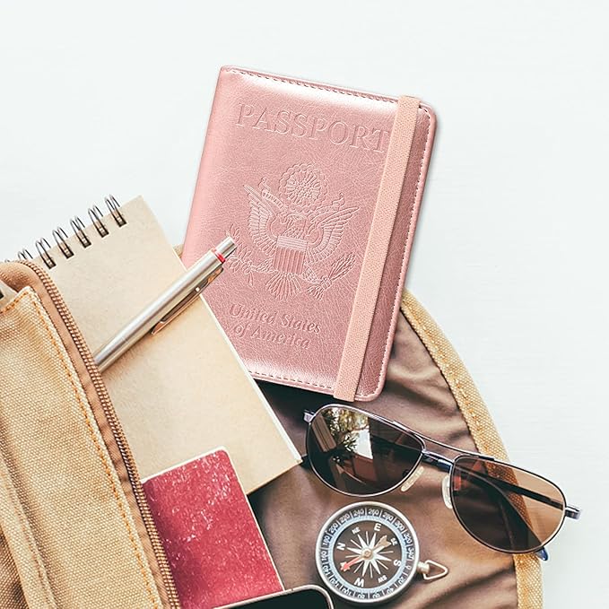 ACdream Passport and Vaccine Card Holder Combo, Cover Case with CDC Vaccination Card Slot, Leather Travel Documents Organizer Protector, with RFID Blocking, for Women and Men, AA-Rose Gold, Compact
