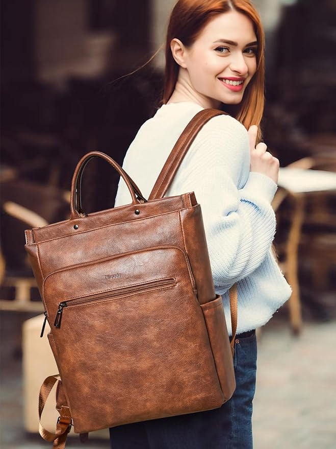 Leather Laptop Backpack for Women, Travel Backpack Purse Fits 15.6 Inch Laptop, Casual Daypack with Laptop Compartment for Teachers College Work Business Nurse Weekender, Brown