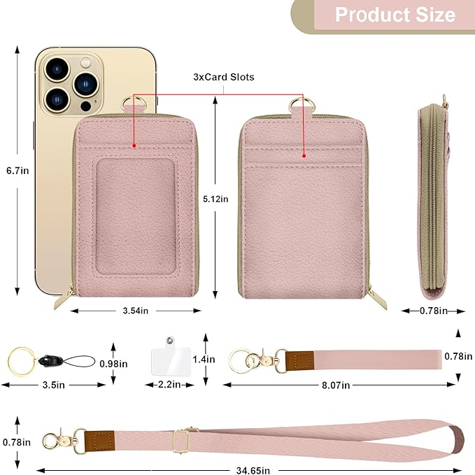 Pink PU Leather Lanyard Wallet with ID Badge Holder with 1 Zip Pocket and 3 Card Slots Keychain for Office School Business