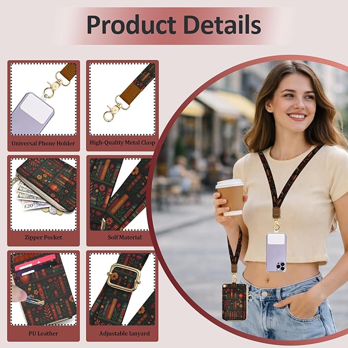 Plant Bookshelf Lanyard Wallet, PU Leather Lanyards for ID Badges, RFID Blocking, Detachable Phone Lanyard Keychain Wristlet ID Badge Holder with Zipper Pocket for Office School Business