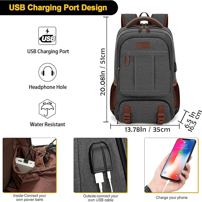 Tzowla Canvas Laptop Backpack, Bag for Men Women,Travel Work Rucksack Fits 17.3 Inch Laptop, Large Capacity Bookbag(Dark Grey)