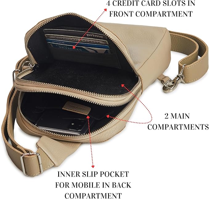 Leather Sling Bag for Women Genuine Crossbody Purse Small Trendy Cross Over Chest with Phone and Credit Card Slots (Beige Nappa)
