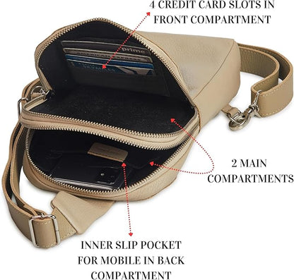 Leather Sling Bag for Women Genuine Crossbody Purse Small Trendy Cross Over Chest with Phone and Credit Card Slots (Beige Nappa)