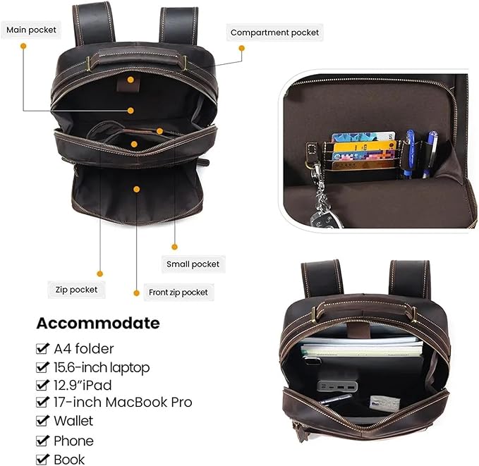 Mens Leather Backpacks 15.6-inch Laptop Backpack Business Backpack Classic Backpack Travel Backpack for Men(Coffee)