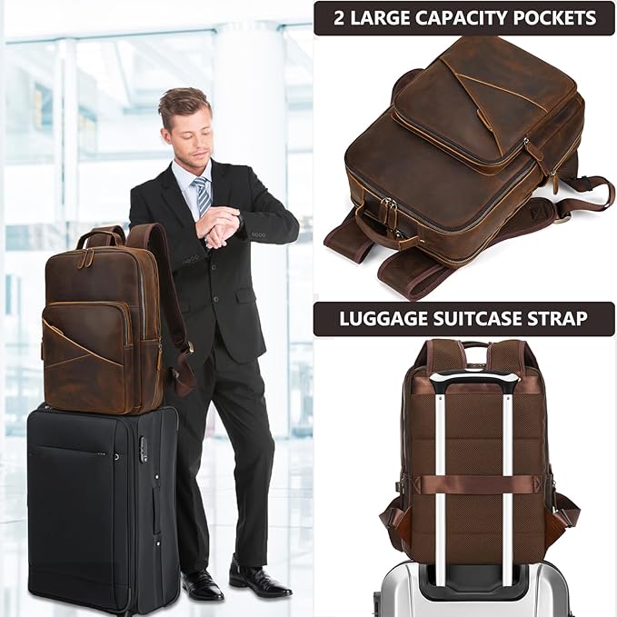 Vintage Full Grain Leather Backpack for Men, 16" Laptop Rucksack For Men Hiking Trave Work Business Bag, Brown