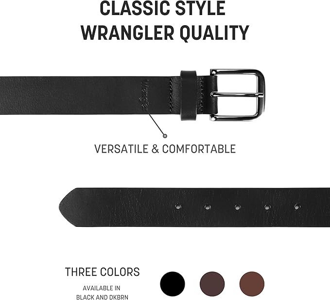 Wrangler Men’s Full Grain Genuine Leather 35mm Thick Casual Belt for Jeans, Pants