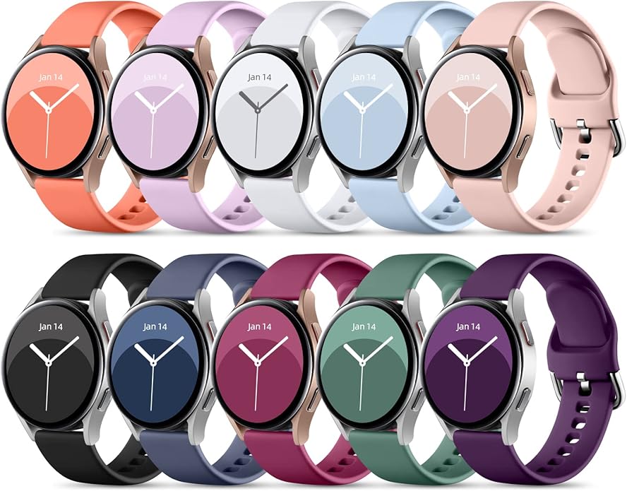 DaQin 10 Pack Bands Compatible with Samsung Galaxy Watch 7/6/5/4 40mm 44mm/Watch 6 Classic 43mm 47mm/Watch 5 Pro 45mm/Watch 4 Classic/Active 2 Band, 20mm Soft Silicone Sport Strap Wristbands Women Men