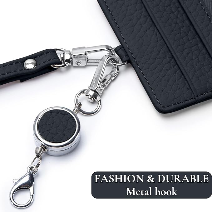 2-in-1 Leather ID Badge Holder with Wallet for Work, Multifunction ID Case with Credit Card Slots & Cash Coin Pocket, Slim Wallet with Lanyard for Women Men Nurse Teacher (Black)