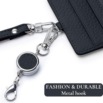 2-in-1 Leather ID Badge Holder with Wallet for Work, Multifunction ID Case with Credit Card Slots & Cash Coin Pocket, Slim Wallet with Lanyard for Women Men Nurse Teacher (Black)