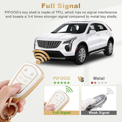 PIFOOG Key Fob Cover Fit for Cadillac XT5 XT6 XT4 CTS CT6 ATS SRX XTS 5 Buttons White Gold Car Keys Case Shell Bling Keychain Full Protector Covers Accessories Girly Women Cute Soft TPU
