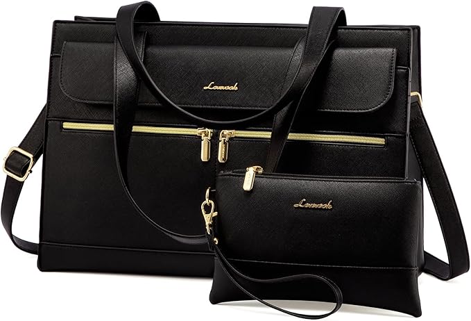 LOVEVOOK Laptop Tote for Women - 15.6 Inch Professional PU Leather Computer Briefcase, Waterproof Handbag, Large Capacity Business Teacher Office Bag, Crossbody Purse - Black