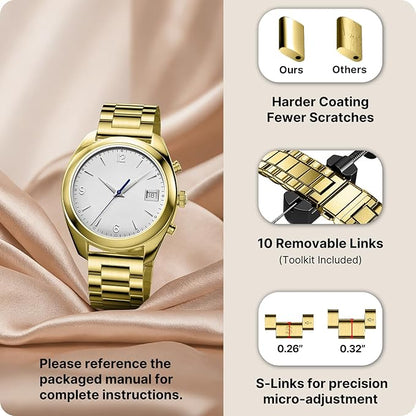 Fullmosa 18mm Stainless Steel Watch Band, Quick Release Metal Replacement Strap with Removable Links, Includes Spring Bars & Link Removal Tool for Men Women (Golden)