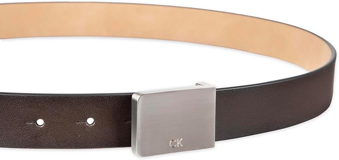 Calvin Klein Men's Plaque Buckle Belt - Casual Modern Style With Logo Detail for Jeans and Dress Pants