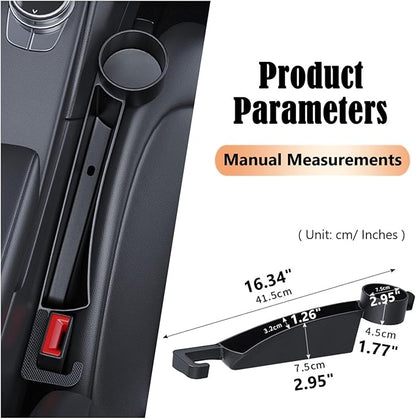 Dual Slot Car Seat Gap Organizer with Cup Holder, Universal Auto Gap Filler Strip 2 Pack with Seat Belt Holes, Carseat Side Gap Guard Spacer Accessories to Fill The Space Between Front Seat & Console