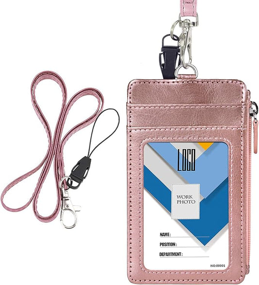 Badge Holder with Zip, Wisdompro Double Sided PU Leather ID Badge Card Holder Wallet Case with 5 Card Slots, 1 Side Zipper Pocket and 20 Inch Leather Neck Lanyard/Strap - Rose Gold (Vertical)