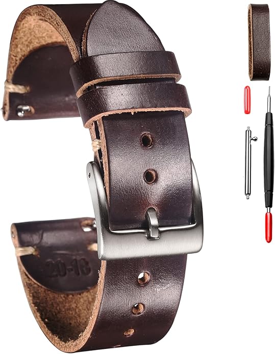 hemsut h Leather Watch Bands for Men, Horween Quick Release Leather Watch Strap Vintage Watch Replacement Wrap of 18mm, 20mm, 22mm