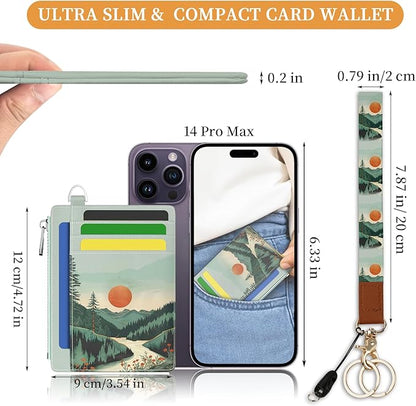 Hancynir Slim Wallet Women Credit Card Holder, Mountain Tree Sunset RFID Blocking Front Pocket Wallet Wristlet Keychain Lanyard Small Cute Thin Travel Zipper Coin PU Leather Card Case Organizer Gifts