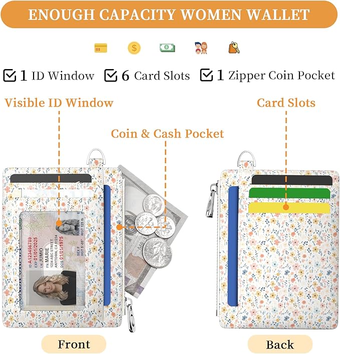 Hancynir White Floral Flower Small Wallet Women Credit Card Holder, Cute Slim RFID Blocking Keychain Card Wallets, Mini Front Pocket PU Leather Travel Zipper Coin Cash Ladies Wallet Organizer Gifts