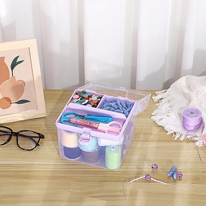 BTSKY Multipurpose Plastic Craft Storage Containers with Removable Tray, Clear Plastic Storage Box with Lid & Handle, Easy Carry & Stack Small Storage Container, 6.3x5.6x6.3 Inch, Square-Purple