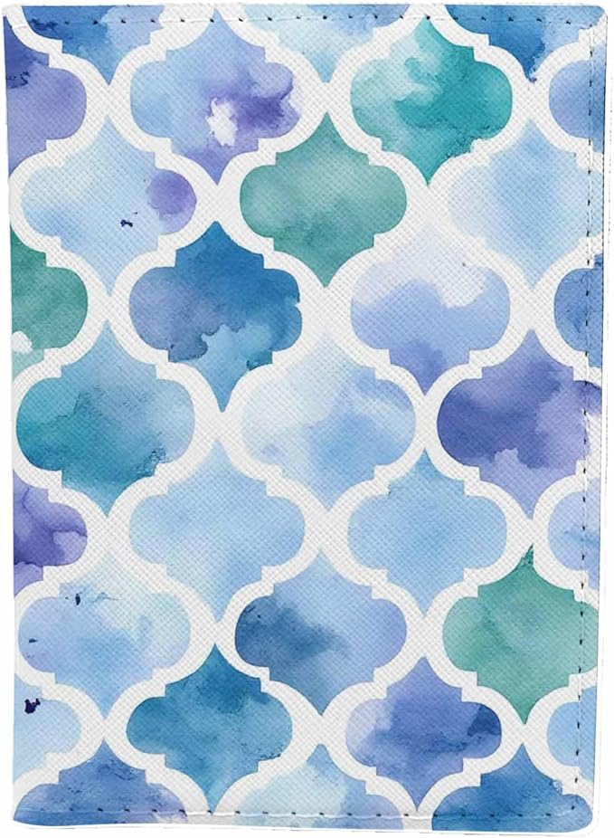 Watercolour Moroccan Passport Holder for Travel Blue Geometric Art Pattern PU Leather Passport Cover Wallet Cute Passport Card Holder for Women and Men