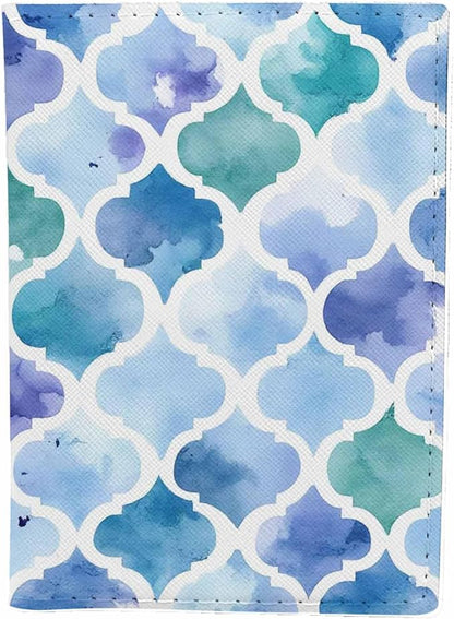 Watercolour Moroccan Passport Holder for Travel Blue Geometric Art Pattern PU Leather Passport Cover Wallet Cute Passport Card Holder for Women and Men
